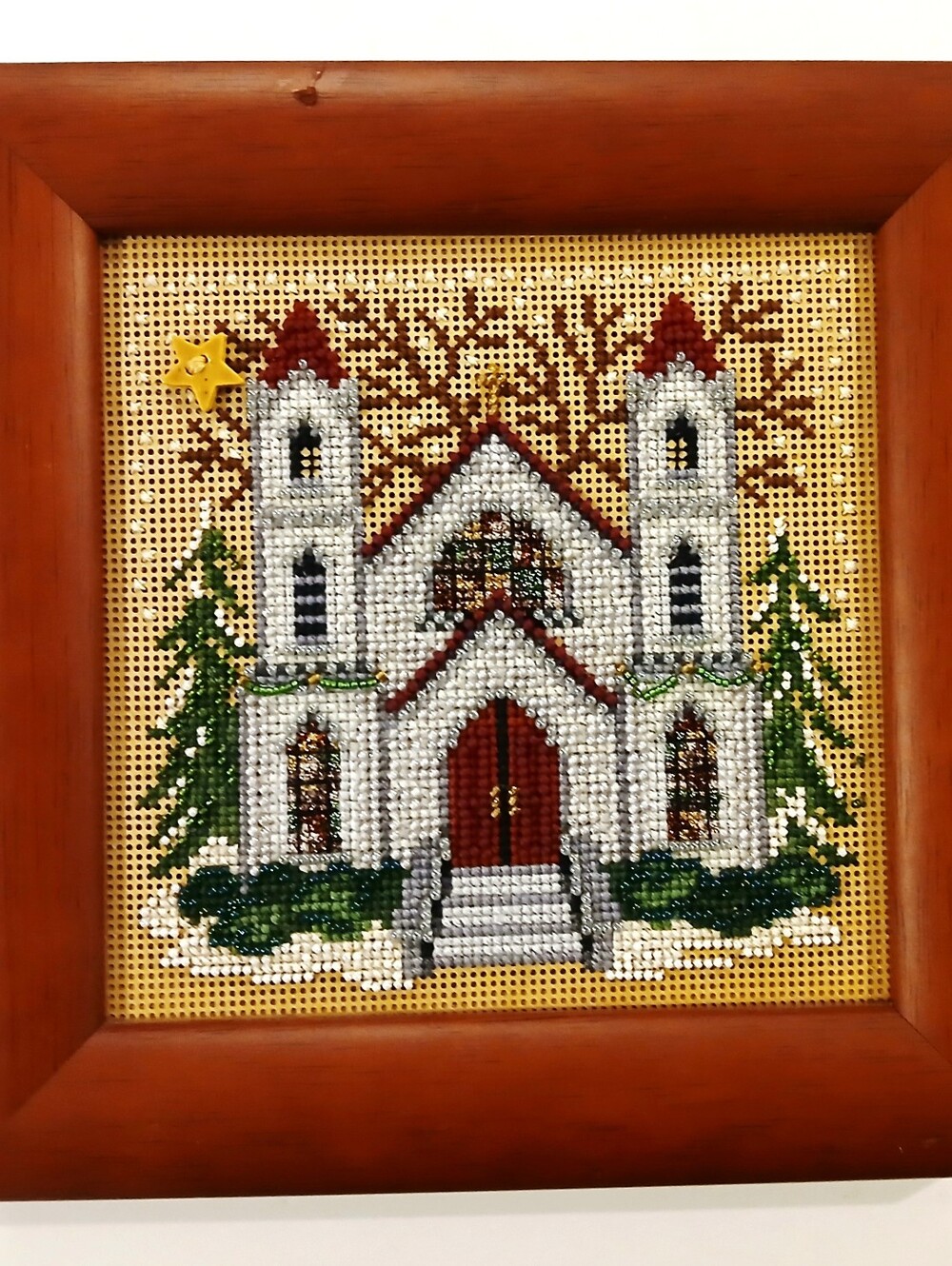 Framed Cross-Stitch Church Wall Art in White and Red